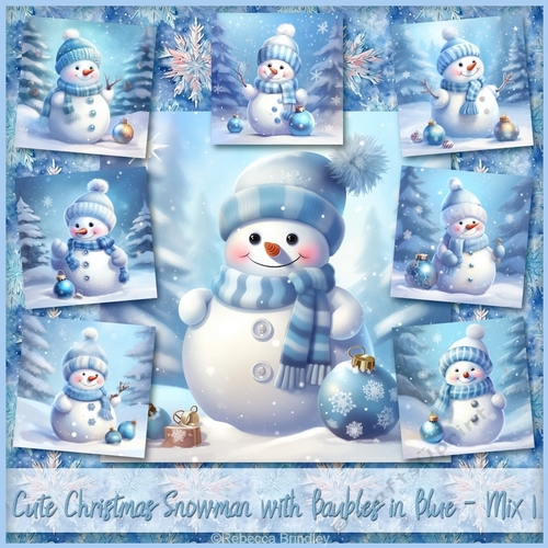 Cute Christmas Snowman with Baubles in Blue - Mix 1