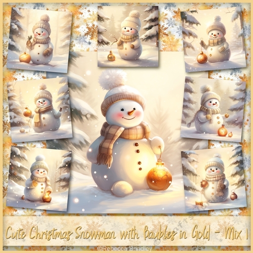 Cute Christmas Snowman with Baubles in Gold - Mix 1