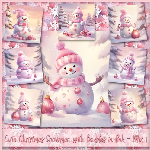 Cute Christmas Snowman with Baubles in Pink - Mix 1