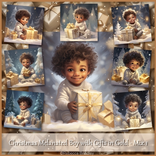 Christmas Melanated Boy with Gifts in Gold - Mix 1