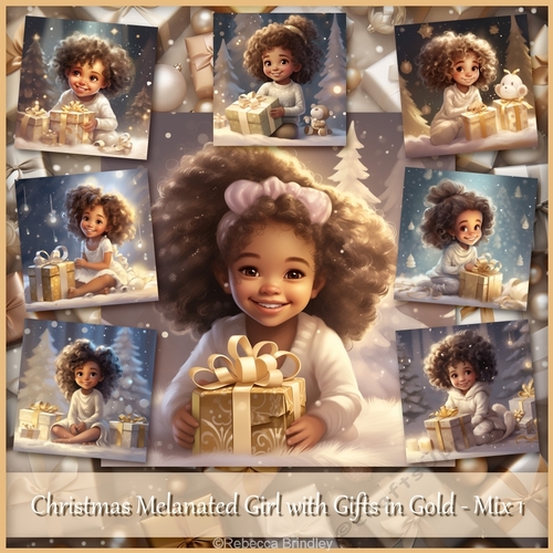 Christmas Melanated Girl with Gifts in Gold - Mix 1