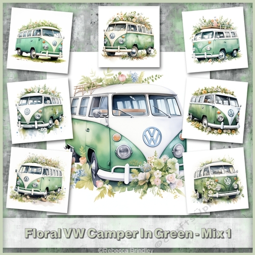 Floral VW Camper In Green - Mix 1