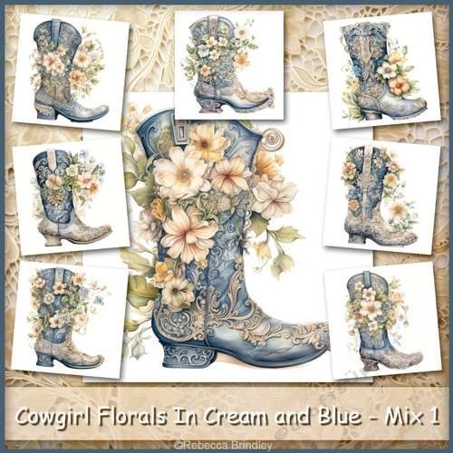 Cowgirl Florals In Cream and Blue - Mix 1