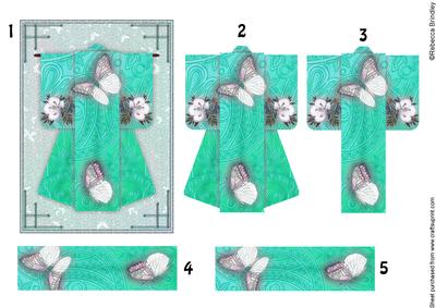 A6 Beautiful Butterfly Kimono Card in Green Decoupage