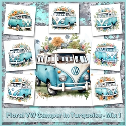 Floral VW Camper In Turquoise - Mix 1