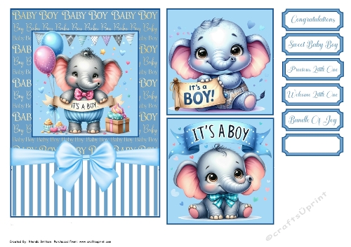 Its A Boy Elephant Card 7x5