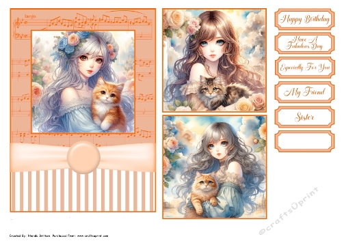Anime Girl with Cat Card Front 7x5