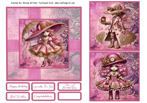 Pink Steampunk Girl Card Front 6x6