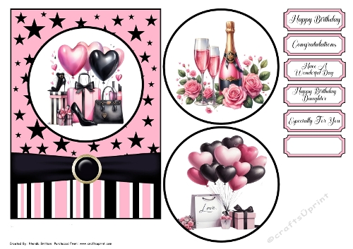 Pink and Black Birthday Wishes Card Front 7x5