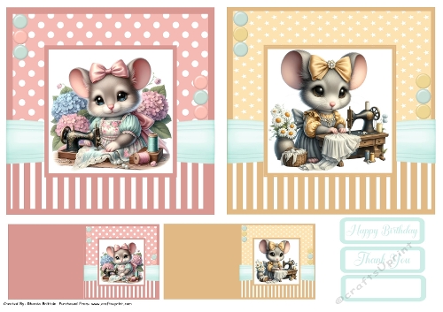 Sewing Mice Card Fronts x 2 with Folded Gift Tags