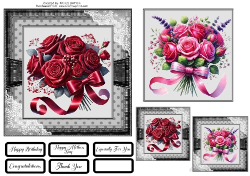Bouquet of Roses Card Front with matching Gift Tags 6x6