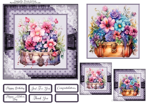 Treasure Box of Flowers Card Front with matching Gift Tags 6x6