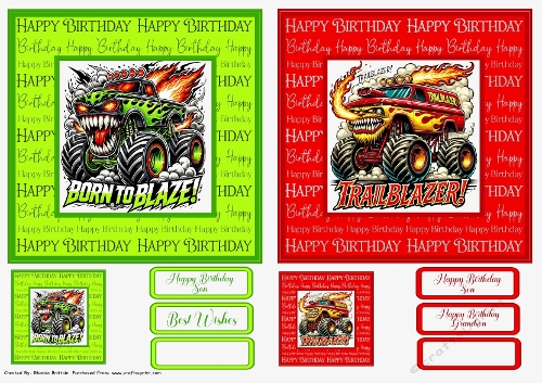 Monster Trucks Card Fronts x 2 with Gift Tags