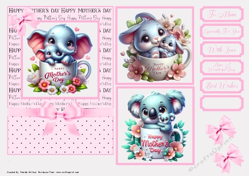 Happy Mothers Day Teacup Animals 2 Card Front 7x5