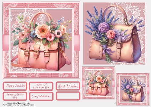 Floral Handbag Card Front with Matching Gift Tags 6x6