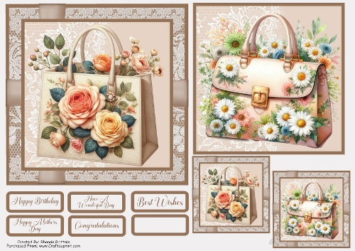 Floral Handbag Card Front 2 with Matching Gift Tags 6x6