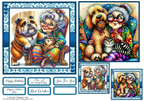 Grandma and her Furry Friends Card Front with matching Gift tags 6x6