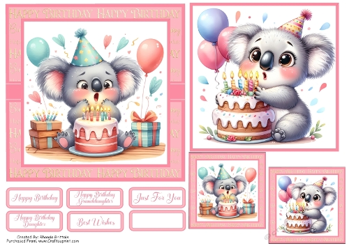 Happy Birthday Koala Card Front with matching Gift Tags 6x6