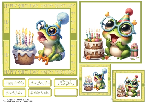 Happy Birthday Frog Card Front with matching Gift Tags 6x6