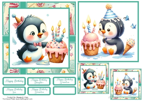 Happy Birthday Penguin Card Front with Matching Gift Tags 6x6