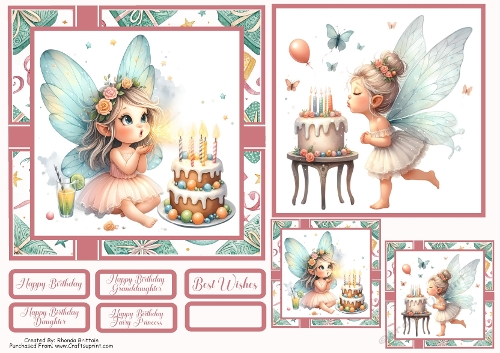 Happy Birthday Fairy Card Front with Matching Gift Tags 6x6