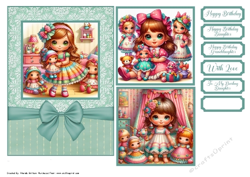 Little Girl and her Toys Green Card Front 7x5