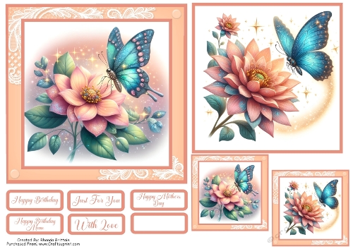 Butterfly Landing Card Front With Matching Gift Tag 6x6