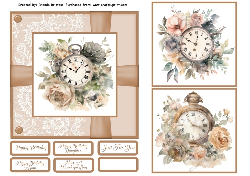Floral Antique Clocks Card Front 6x6
