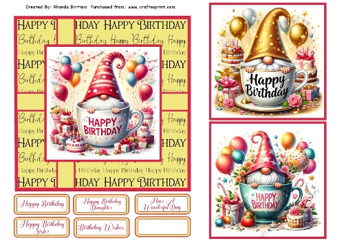Happy Birthday Tea Cup Gnomes 1 Card Fronts 6x6