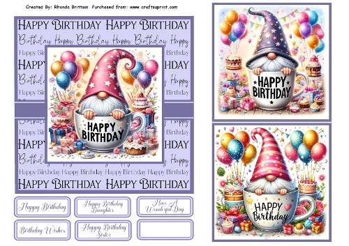 Happy Birthday Tea Cup Gnomes 2 Card Fronts 6x6