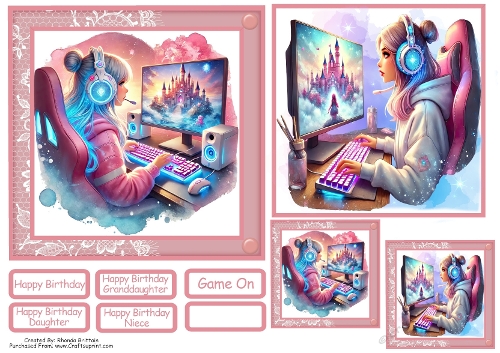Gamer Girl Birthday Card Front With Matching Gift Tag 6x6