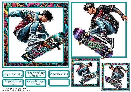 Skateboarding Boy Birthday Card Front With Matching Gift Tag 6x6
