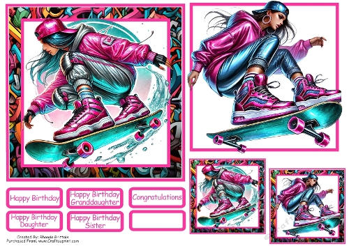 Skateboarding Girl Birthday Card Front With Matching Gift Tag 6x6