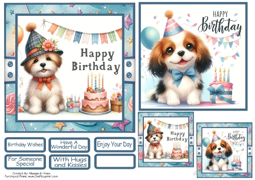 Happy Birthday Puppies Card Front With Matching Gift Tag 6x6
