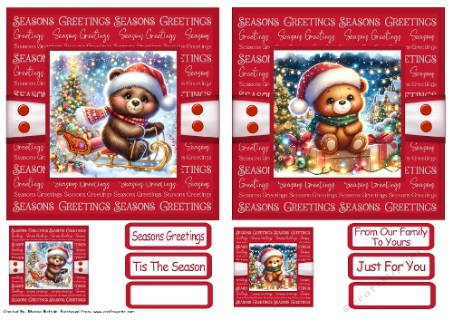 Christmas Bears 2 Card Fronts x 2 with Gift Tags