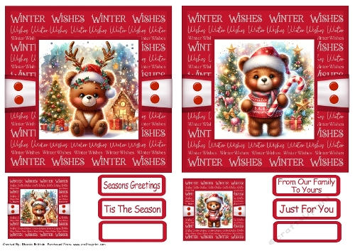 Christmas Bears 3 Card Fronts x 2 with Gift Tags