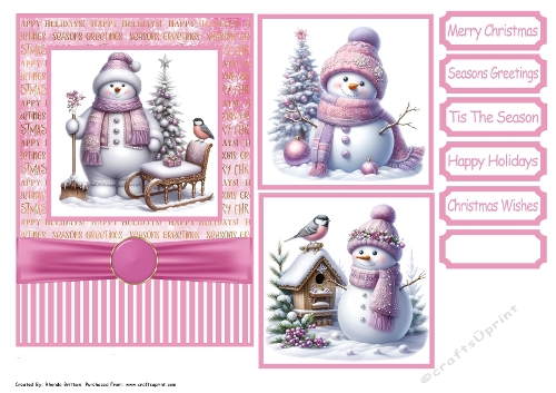 Christmas Snowman Pink Card Front 5x7