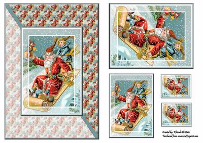Santa and Child Sled Riding Card Front