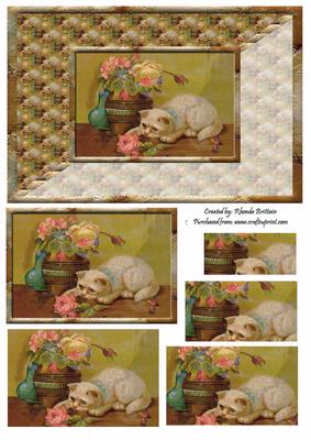 Cat Playing with Pink Rose Card Front