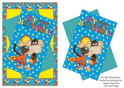 Happy Birthday Space Ship Monkey Card Front