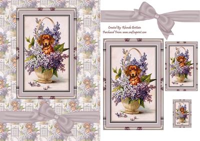 Puppy in a Basket of Flowers Card Front