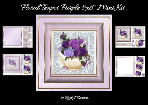 8x8 Floral Teapot (Purple) Mini Kit - x4 A4 sheets inc Decoupage & Twisted Pyramage sheets 