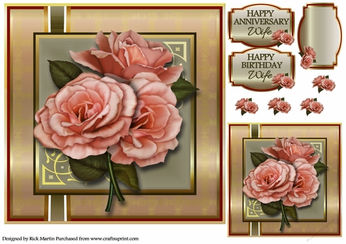 8x8 Pink Anniversary Roses Card Front with Sentiments 