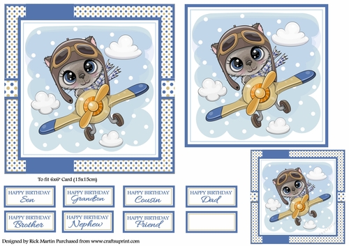 6x6 Kitten flying plane Card Front with Topper, Gift Tag & Sentiments 
