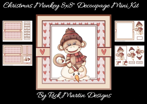8x8 Christmas Monkey Decoupage Mini Kit - x4 A4 Sheets 