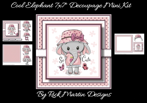 7x7 Cool Elephants Mini Decoupage Kit - x3 A4 sheets 