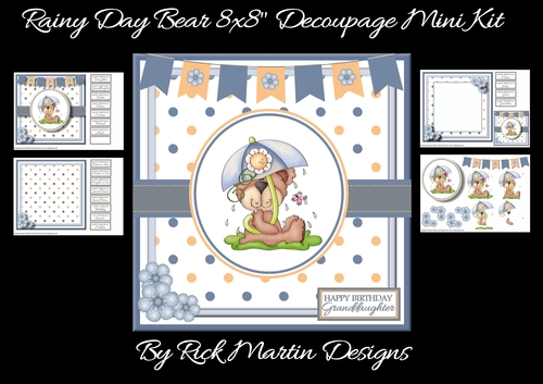 8x8 Rainy Day Bear Mini Decoupage Kit - x4 A4 Sheets 