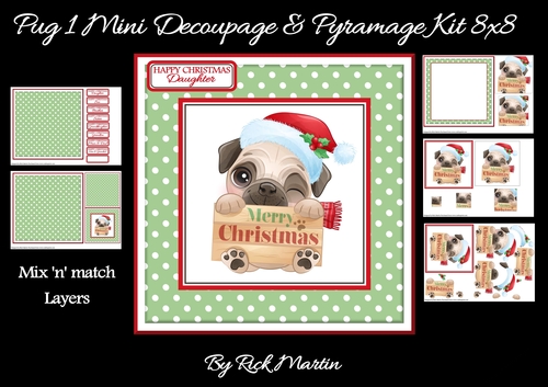 8x8 Pug 1 Christmas Decoupage & Pyramage Mini Kit - x5 A4 sheets