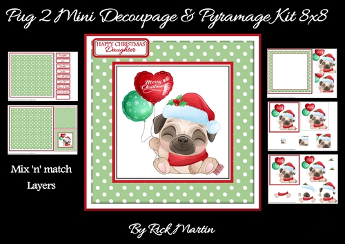 8x8 Pug 2 Christmas Decoupage & Pyramage Mini Kit - x5 A4 sheets