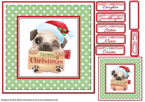 8x8 Pug 1 Card Front / Topper with Gift Tag and Sentiments 